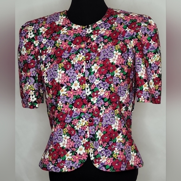 Stuart Alan Vintage Vibrant Floral Button Front Fitted Blouse - Size 12P - Picture 1 of 8